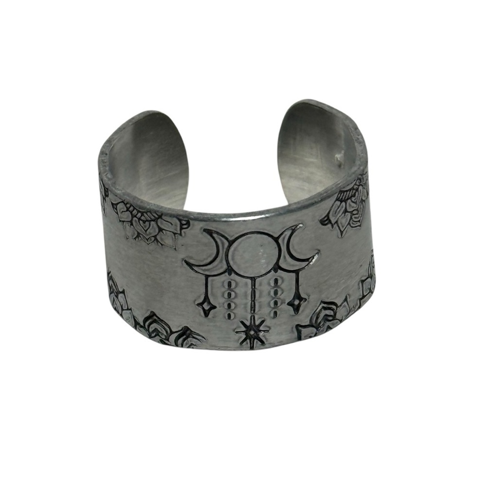 Handmade stamped Moon & Star‎ Design Silver hypoallergenic adjustable cuff ring